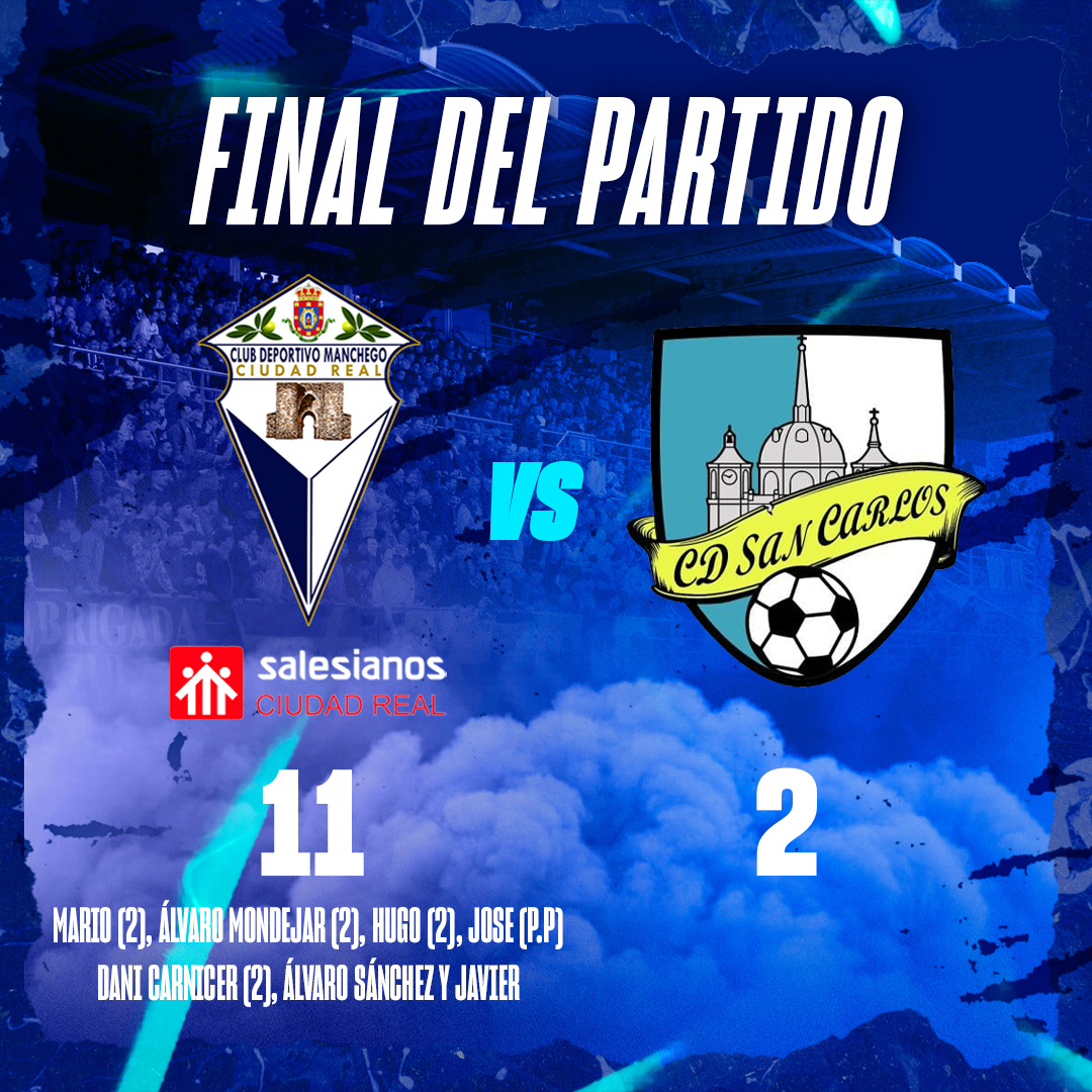 ⚽ ¡VICTORIAAAA!

🆚 C.D. San Carlos

⚽ Mario (2), Álvaro Mondejar (2), Hugo (2), José (P.P), Dani Carnicer (2), Álvaro Sánchez y Javier

#AupaManchego 🔵⚪