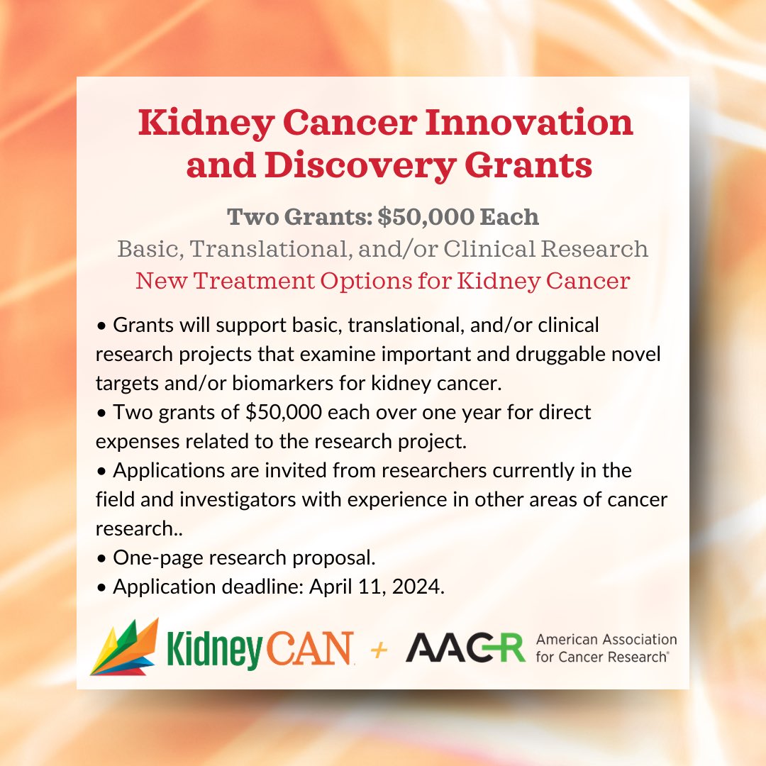 $50,000 could fuel your #kidneycancer research project! KidneyCAN + @AACR present the Kidney Cancer Innovation and Discovery Grants. Submit your one-page proposal for the opportunity to propel your work and our mission forward! bit.ly/AACR-KidneyCAN… #AcceleratingCures