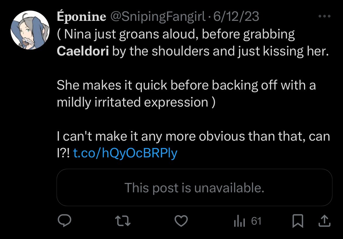 HeirToNohr's tweet image. {👑} oh, furthermore, she basically harassed this Caeldori account who very obviously DID NOT want to ship with her Nina (both ic and ooc). They eventually deactivated (and I’m assuming it was because of this behavior). This is the most egregious tweet from that era