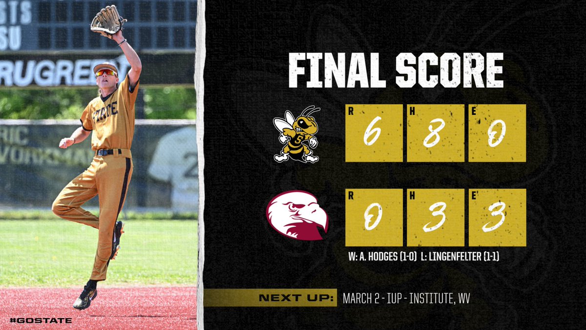 ⚾ | FINAL: WVSU 6, LHU 0 (9I)

⚫ A. HODGES: 6.0 IP, 2 H, 6 SO
🟡 J. FABIAN: 1.0 IP, 3 SO
⚫ M. BITTINGER: 1-4, 2 RBI
🟡 N. PAULSEN: 1-4, 2 R, 1 RBI

#GOSTATE 🐝