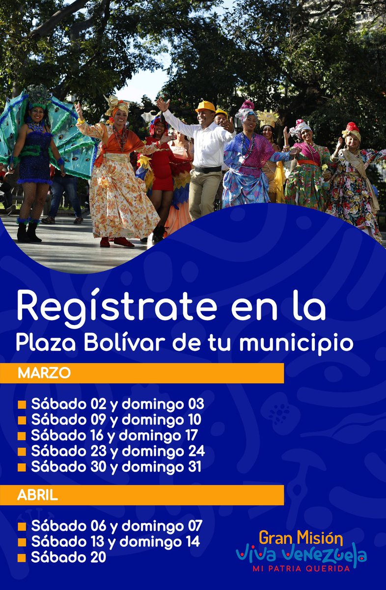 Artistas, cultoras, cultores, creadoras y creadores de #Venezuela:

Vamos todas y todos a registrarnos en la Gran Misión Viva Venezuela, Mi Patria Querida.

Todos los fines de semana desde el próximo sábado 2MARZO y domingo 3MARZO hasta el 20 de abril.

¿Dónde? plazas Bolívar en