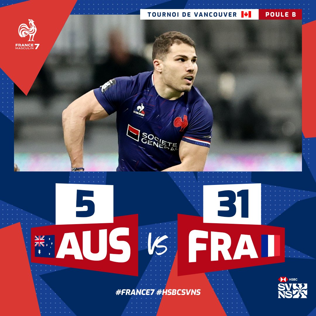 🇦🇺🇫🇷 𝟑 𝐬𝐮𝐫 𝟑 aussi pour les garçons ! 😍 🔝 Les Bleus terminent en tête de leur poule et filent en 1/4 de finale à Vancouver ! 🔥 #France7 #HSBCSVNSVAN | @SVNSSeries