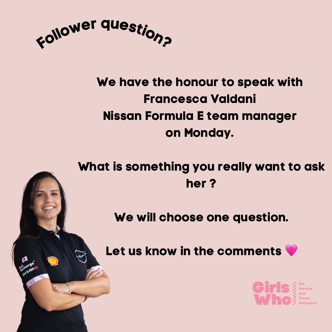 🎀 Follower question 🎀

What would you really want to ask @NISMO Formula E Team Manager Francesca Valdani? 🤩

#formulae #formula1 #motorsport #podcast #media #TheGirlsWho