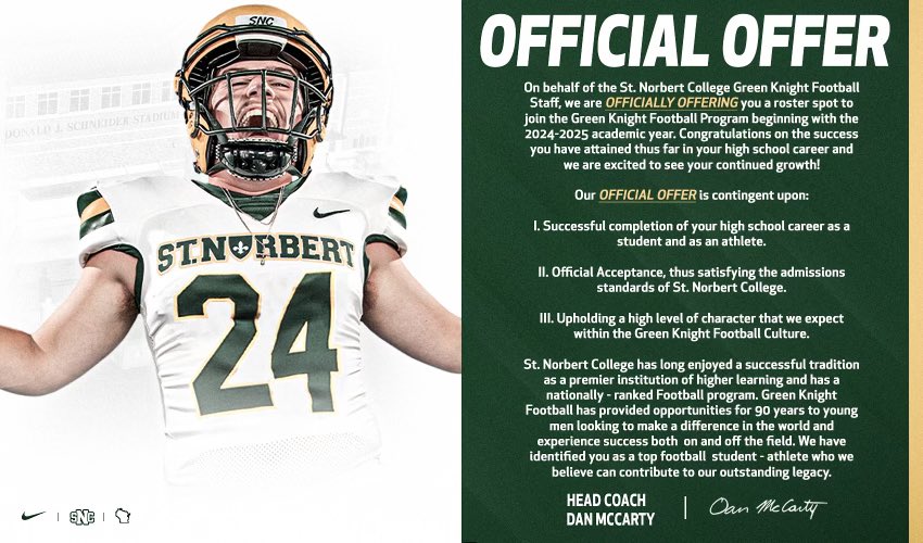 After a great conversation with coach <a href="/donmaslinski/">don maslinski</a>  I’m so grateful to say that I’ve received my second offer from St Norbert College! <a href="/Coach_J_W/">Justin Wilbur</a>  <a href="/tstines5/">Tstines5</a>