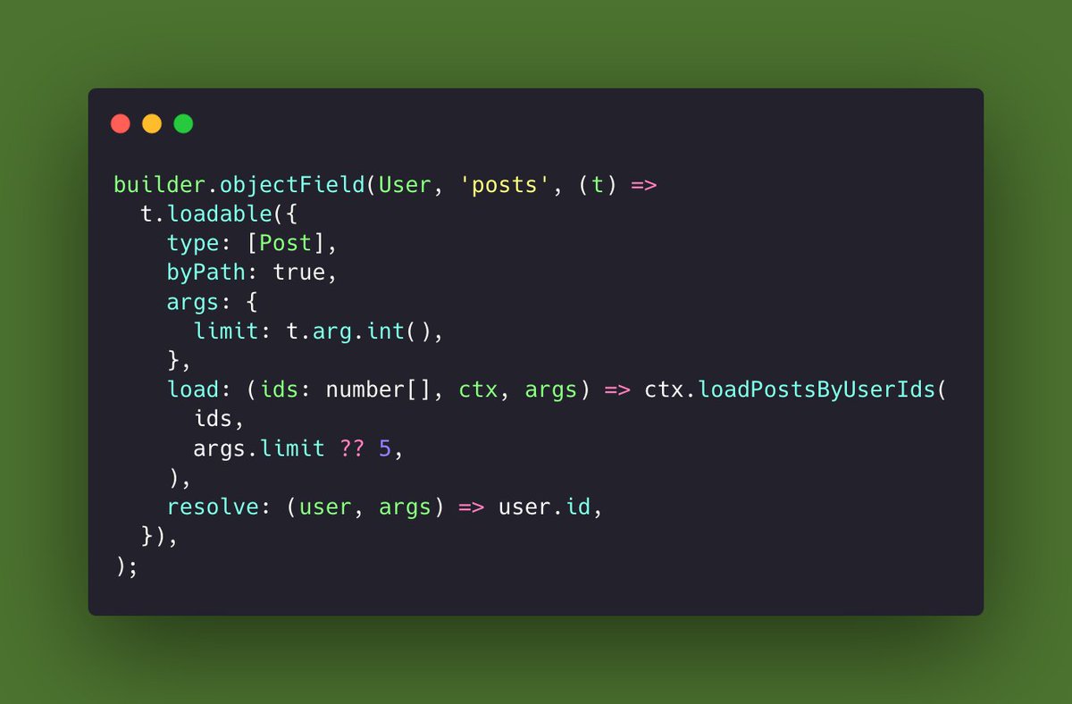 pothos_graphql's tweet image. Just added a couple new features to the dataloader plugin.  `loadableGroup` makes data-loading lists with `where-in` style queries easier, and the new `byPath` option allows loadable fields to use arguments in the load method