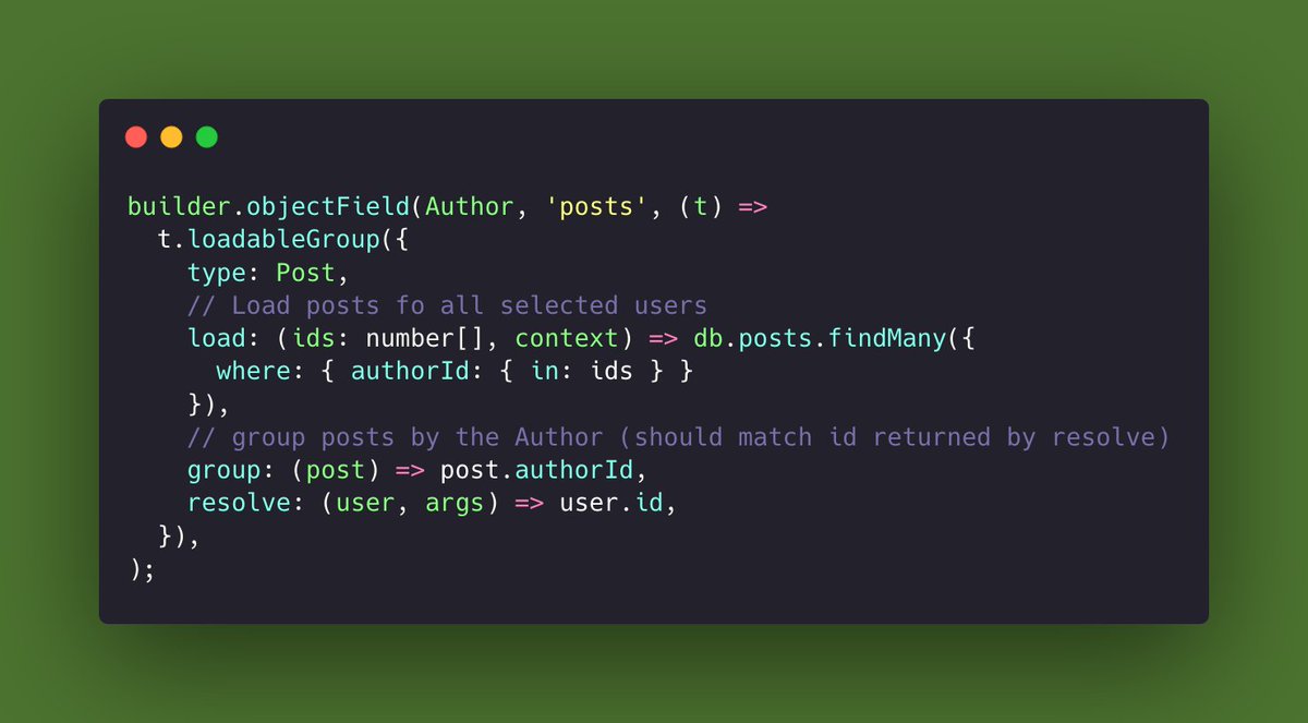 pothos_graphql's tweet image. Just added a couple new features to the dataloader plugin.  `loadableGroup` makes data-loading lists with `where-in` style queries easier, and the new `byPath` option allows loadable fields to use arguments in the load method