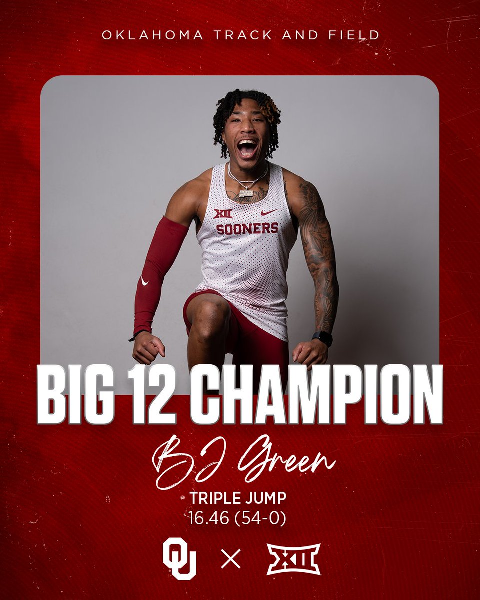 𝐁𝐢𝐠 𝟏𝟐 𝐂𝐡𝐚𝐦𝐩! 🏆

Sophomore BJ Green is your men’s triple jump champion with a 16.46 (54-0) mark!

#BoomerSooner ☝️