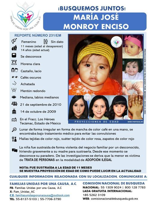 ¿Dónde está? MARÍA JOSÉ MONROY ENCISO
De 14 años (edad actual) #Sustraída 21/09/10
En Mpio #Tecámac #Edomex RT <a href="/Missing_Marijo/">Maria Jose Monroy Enciso</a> <a href="/FelipaRamrez1/">Felipa Ramirez</a> <a href="/harryportero/">L GALLO DE MICHOACAN</a> <a href="/AnaLiliaHerrera/">Ana Lilia Herrera</a> <a href="/LillyTellez/">Lilly Téllez</a> <a href="/kenialopezr/">Dra. Kenia López Rabadán</a> <a href="/XochitlGalvez/">Xóchitl Gálvez Ruiz</a> <a href="/nancydelasa/">Nancy de la Sierra Arámburo</a> <a href="/juarezvero/">Vero Juarez</a> <a href="/PatyOlamendi/">Patricia Olamendi</a> <a href="/msalguerb/">María Salguero</a> <a href="/vivirquintana/">Vivir Quintana</a>