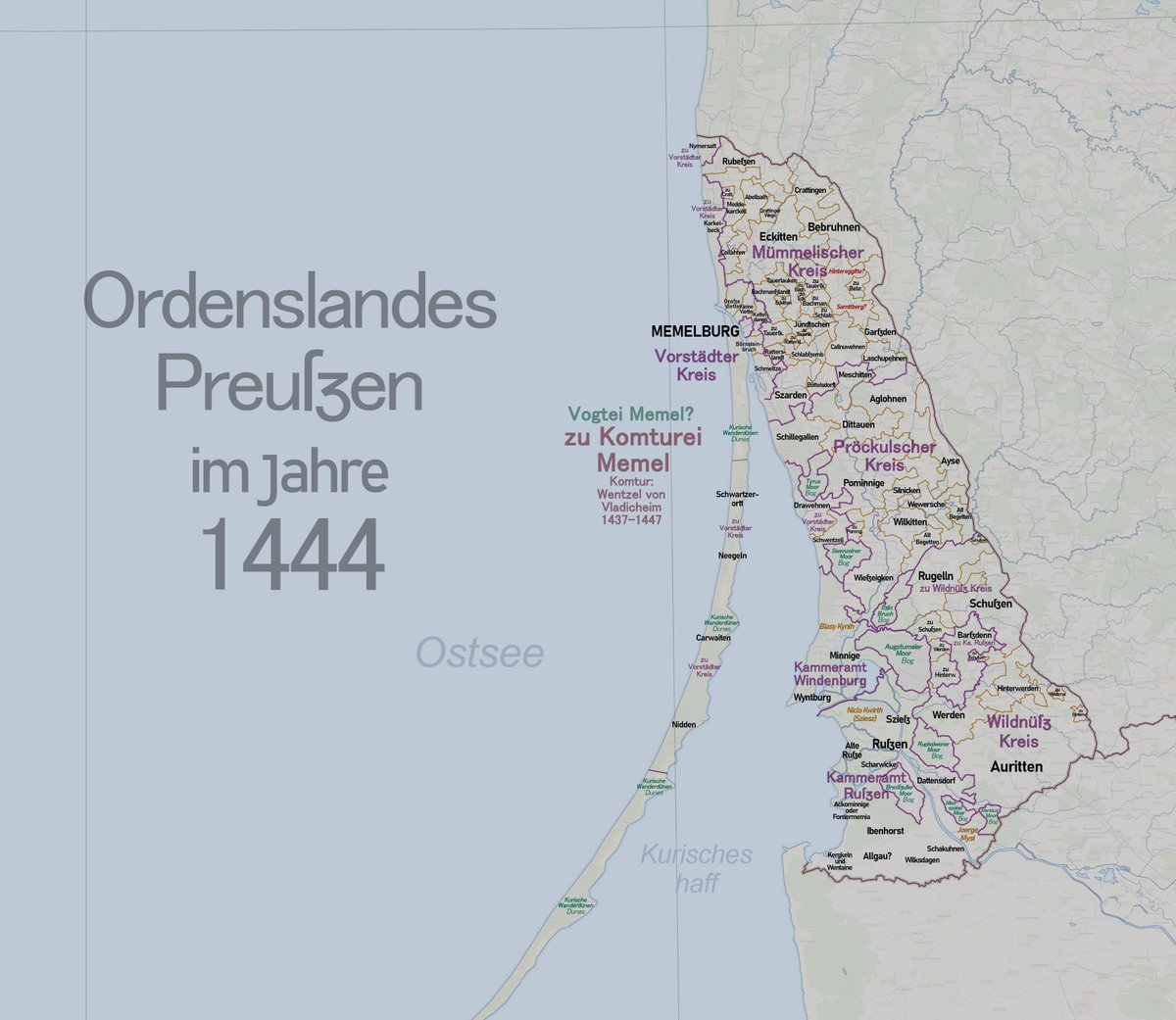 RRatkus's tweet image. have been working on a little bit of a research side project - Teutonic order/Prussia in 1444, starting from the northernmost bit, Memel, which happens to be the area I am from
it's fun making maps of things that haven't been properly mapped yet, basically teutonic municipalities
