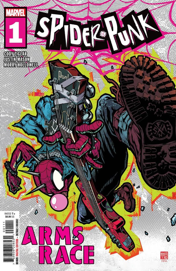 Break out your headphones, denim vest, & ironic pins, Spider-Punk is back in SPIDER-PUNK: ARMS RACE# 1! Hobbie Brown & Co. are working hard at rebuilding society, but Justin Hammer & Otto Octavius crash the party! Written by #CodyZiglar & illustrated by #JustinMason!