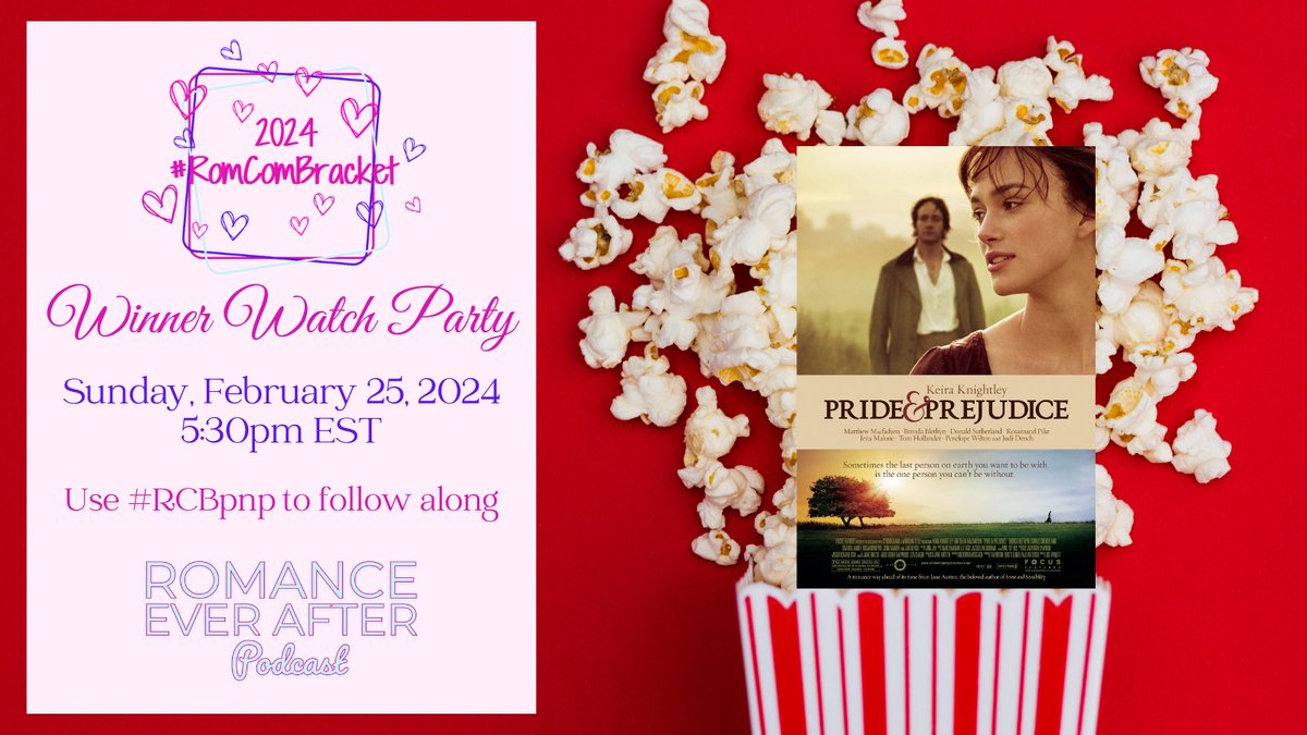 RomEverAfter's tweet image. Well it’s official the winner of this year’s #RomComBracket is Pride &amp;amp; Prejudice (2005). Join me tomorrow for a live watch party at 5:30pm EST or start yourself now just using the #RCBpnp. See you there!