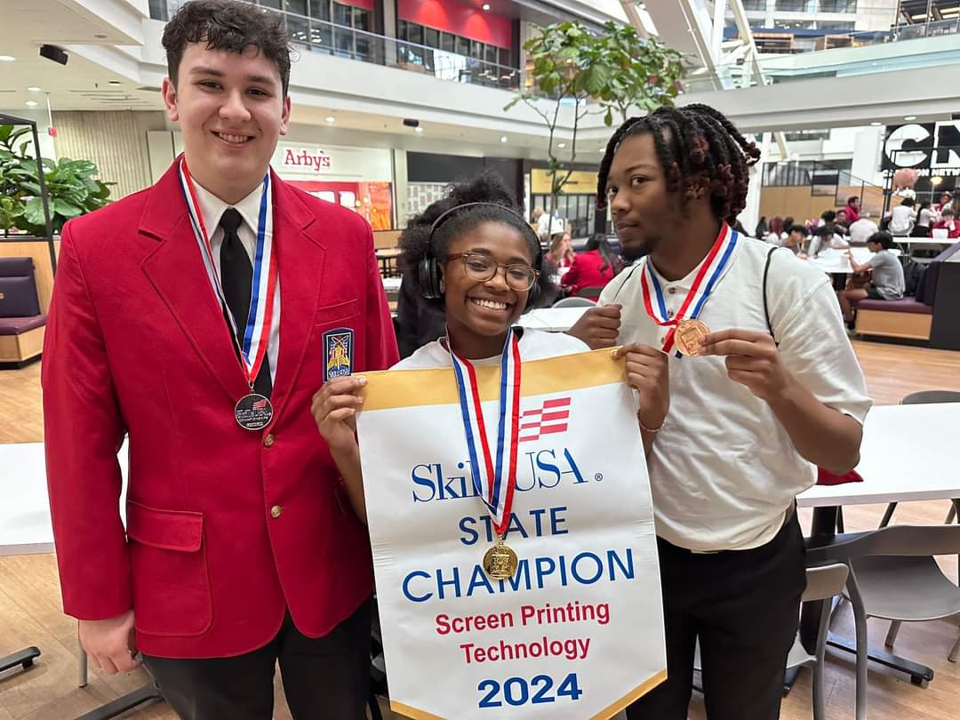 Kudos to Skills USA STATE! Xavier Watson earned Bronze in Internetworking. Landon Hurtado earned Silver in Pin Design. Faith Lewis earned Gold in Screen Printing and will be continuing on to Nationals.