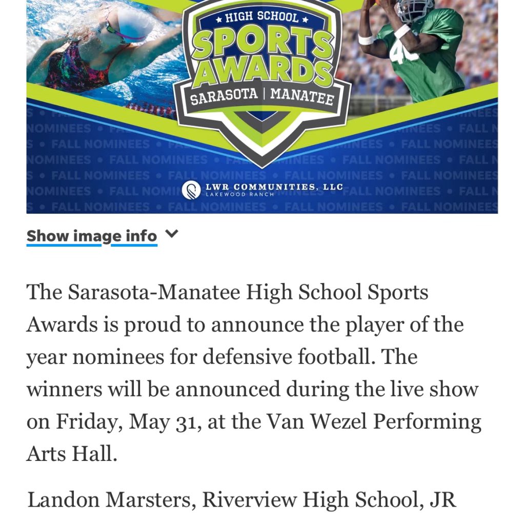 Landon Marsters (@landonmarsters) on Twitter photo I am honored to be nominated for defensive player of the year in Manatee/Sarasota County. Congratulations to the all the nominees. <a href="/CoachSmithers33/">Joshua Smithers</a> <a href="/BrodyWiseman/">Brody Wiseman</a> <a href="/RamsRhsFootball/">Riverview Football</a> <a href="/BigCountyPreps1/">BCP SPORTS</a> <a href="/Dwight_XOS/">Dwight Thomas - Catapult Sports</a> <a href="/Rivals/">Rivals</a> <a href="/247recruiting/">247Sports Recruiting</a> I am honored to be nominated for defensive player of the year in Manatee/Sarasota County. Congratulations to the all the nominees. <a href="/CoachSmithers33/">Joshua Smithers</a> <a href="/BrodyWiseman/">Brody Wiseman</a> <a href="/RamsRhsFootball/">Riverview Football</a> <a href="/BigCountyPreps1/">BCP SPORTS</a> <a href="/Dwight_XOS/">Dwight Thomas - Catapult Sports</a> <a href="/Rivals/">Rivals</a> <a href="/247recruiting/">247Sports Recruiting</a>
