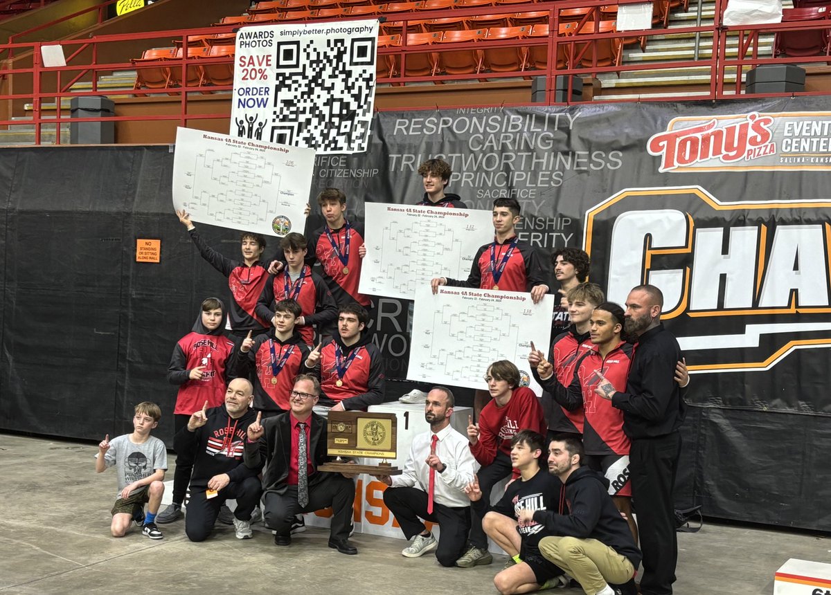 Rose Hill captures their first ever state wrestling title in Salina on Saturday as they take the 4A team crown. Rockets had three individual champs.  #sportsinkansas