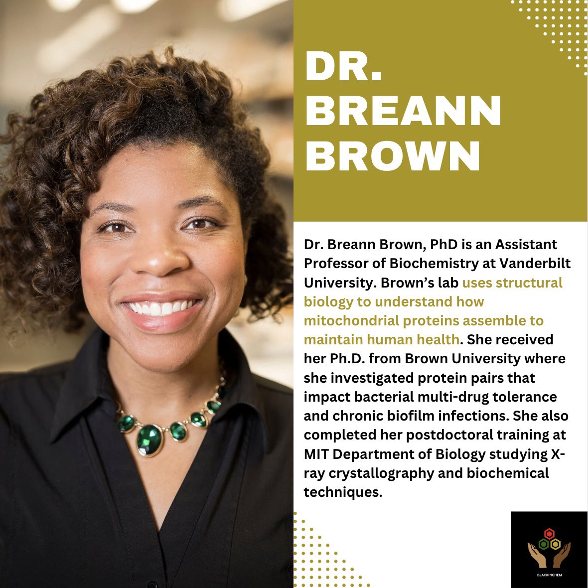 Dr. Breann Brown, is an Assistant Professor of Biochem at @VanderbiltU . Their lab uses structural biology to understand how mitochondrial proteins assemble to maintain human health. She got her Ph.D. from @BrownUniversity and did a Postdoc at MIT Learn more about Dr. Brown👇🏾