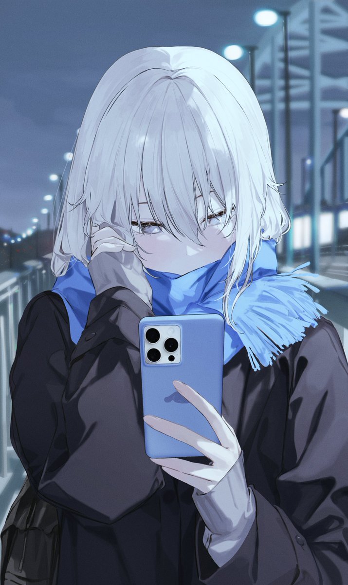 1girl solo phone scarf holding cellphone white hair  illustration images