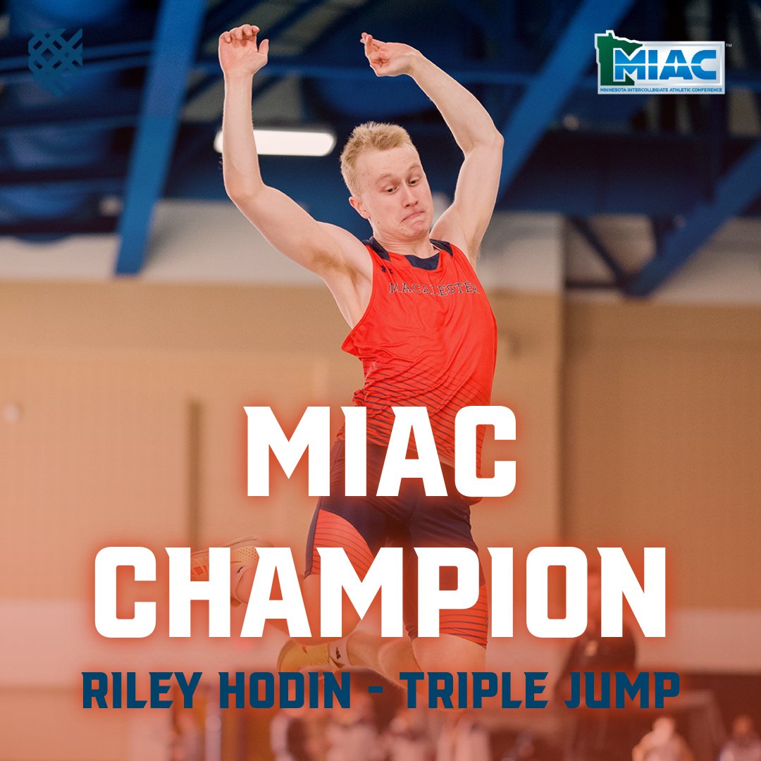 MIAC CHAMPION! Riley Hodin set a PR of 13.72m (45' 0.25") to earn the MIAC Champion title in the triple jump. His mark is the fourth best all-time mark at Macalester. Congrats Riley! @macalesterxctf #GoScots #heymac