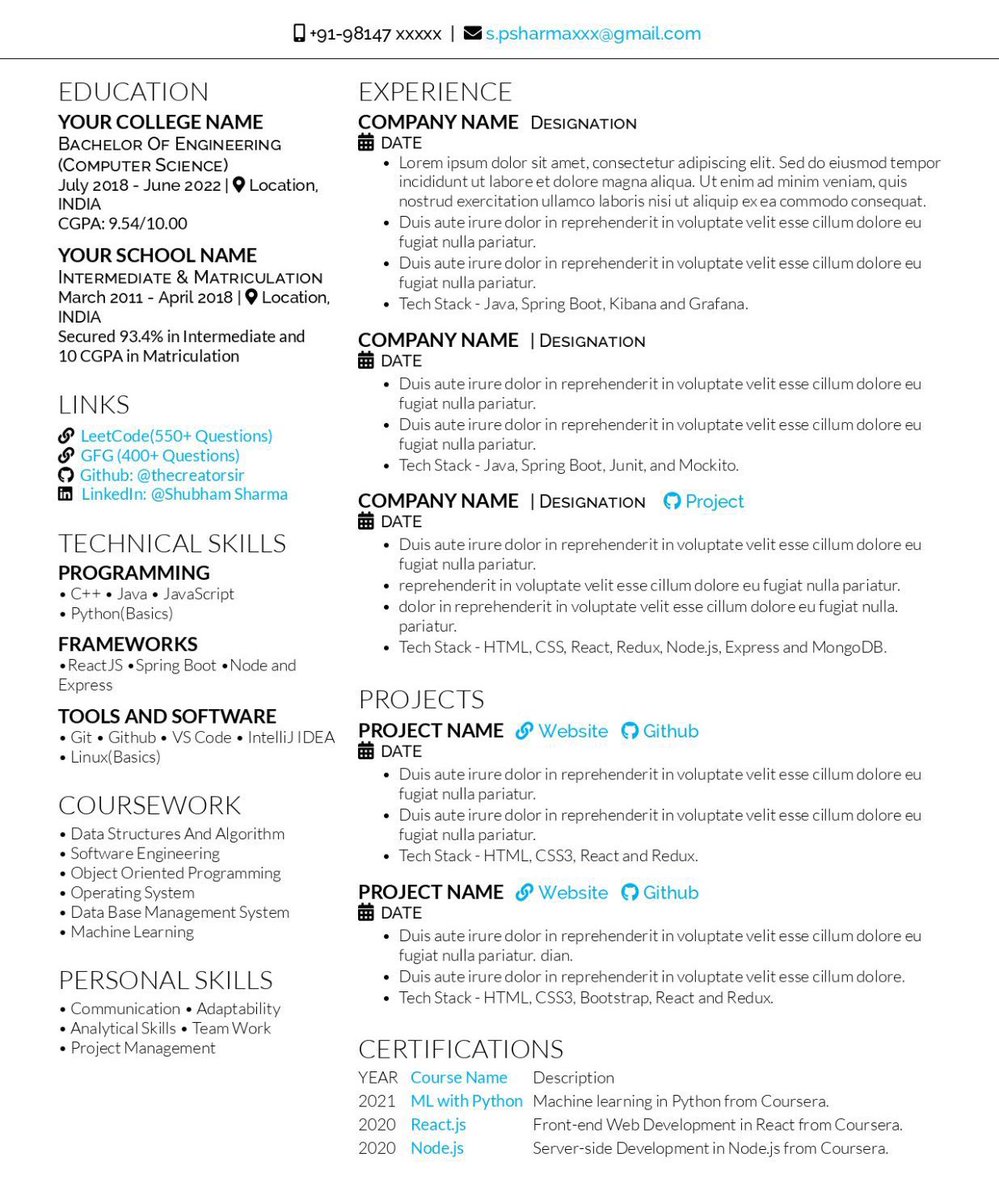 This Resume helped many in getting an interview calls from companies like <a href="/Google/">Google</a>, <a href="/Microsoft/">Microsoft</a> ,<a href="/amazonIN/">Amazon India</a> , and many more. 💼

I am sharing the exact editable template for this 🤩

To get it:-  
1. Follow me (So that I can DM) 
2. Like &amp; Repost 
3. Reply "Resume"

#resume