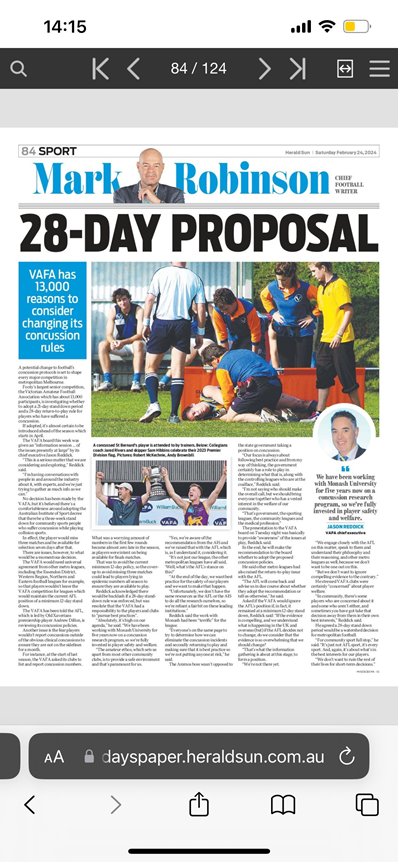 Terence O'Brien (@brien_terence) on Twitter photo A fantastic shout out for the value of the collaboration between the VAFA and the Monash University Sports Concussion Research team lead by <a href="/McDonaldStu_/">Stuart McDonald</a> <a href="/shultz_sandy/">Sandy Shultz</a> generating high and applying quality evidence to improve the safety of participants in community football. A fantastic shout out for the value of the collaboration between the VAFA and the Monash University Sports Concussion Research team lead by <a href="/McDonaldStu_/">Stuart McDonald</a> <a href="/shultz_sandy/">Sandy Shultz</a> generating high and applying quality evidence to improve the safety of participants in community football.