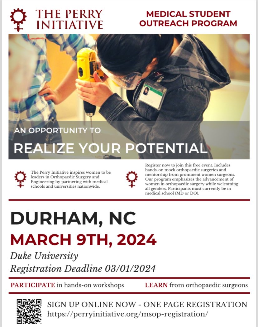 Calling all regional 1st and 2nd year medical students who want to learn about orthopedic surgery! Come check out this incredible program. <a href="/DukeOrtho/">Duke Orthopaedics</a> and <a href="/WakeForestOrtho/">WakeForestOrtho</a> co-hosting! 

Direct registration  perryinitiative.org/msop-registrat…. Registration deadline is March 1st, 2024.