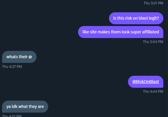 Respectfully sorry to hear peeps got rugged on @riskonblast but..
-pac man tweet about sus projects...
-website stole blur branding...
-following influencers that arent in round.. <a href="/naniXBT/">nani🤍</a> dm below

either way -ev daos/vcs wouldve turned the chart red.

Glad that <a href="/SerDAO_/">$$</a> faded.