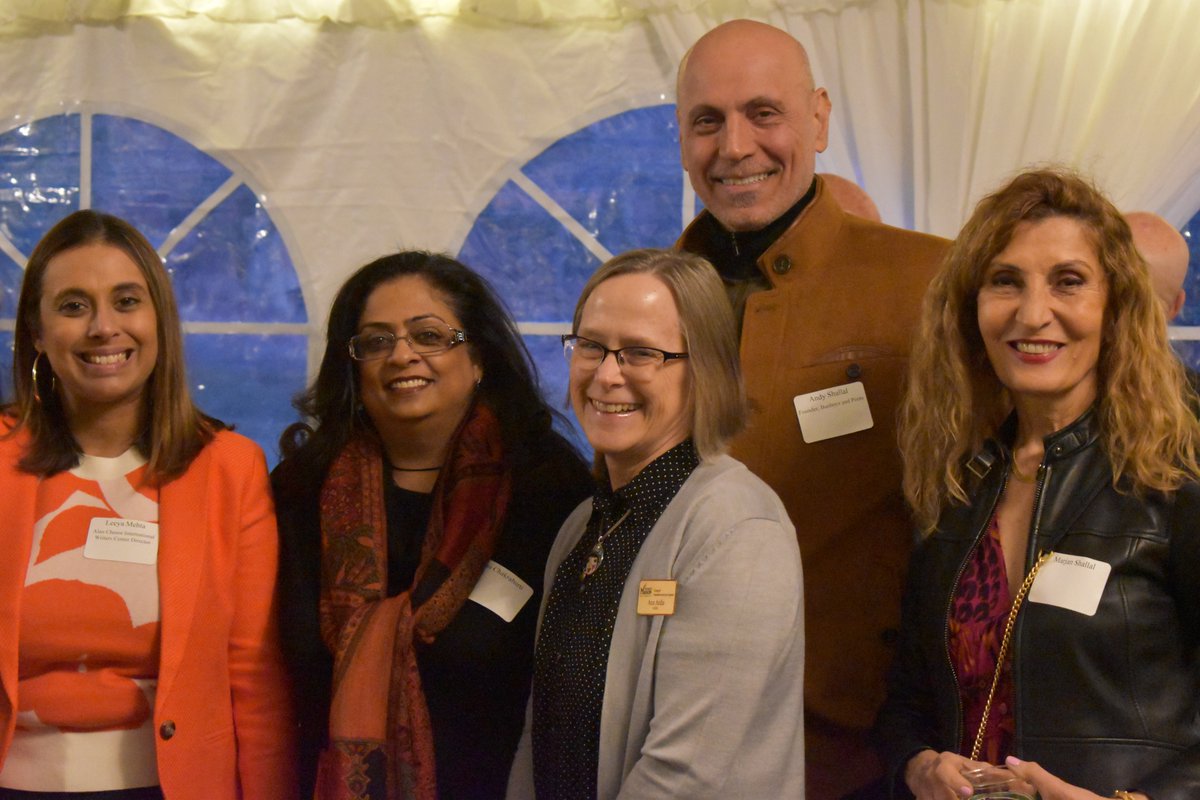 #Baldwin100 launched 2/20 at Mathy House, the Mason President's home. Thanks to our Hosts! It's a full calendar. Highlights include the Center's @busboysandpoets Lecture by Nikki Giovanni. Here with THE FAB @andyshallal Dean Ardis Marjan Shallal & Rita Chakrabarti @LeeyaMehta