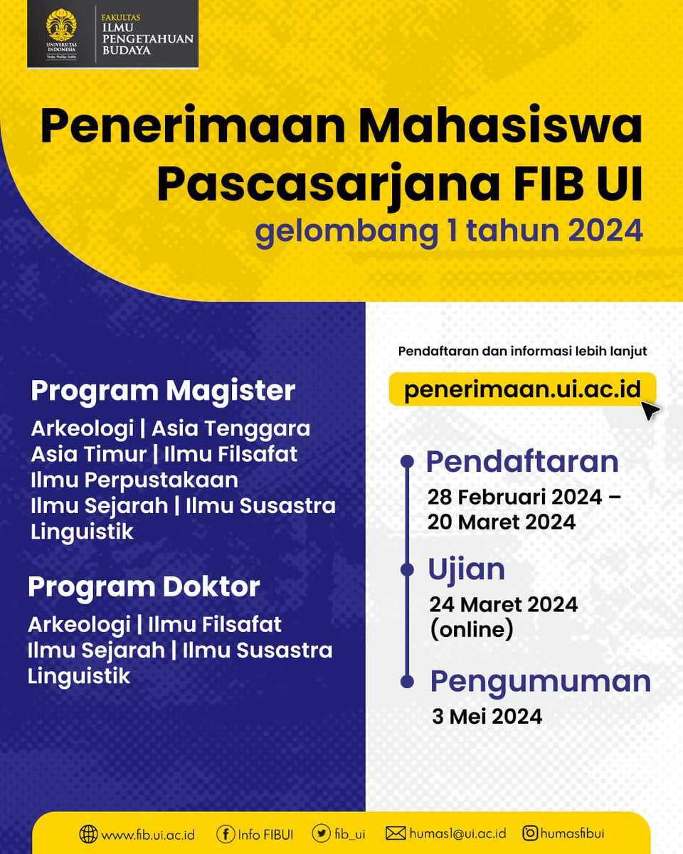 FIB UI mengadakan Sosialisasi Program Studi Pascasarjana FIB UI pada:

Hari/Tanggal: Kamis, 29 Februari 2024
Sesi 1 (13.00--15.30 WIB): 
S2 dan S3 Arkeologi

Tautan zoom: bit.ly/SosialisasiPas…

Meeting ID: 953 4509 7900
Passcode: 031554

#arkeologi #Archaeology