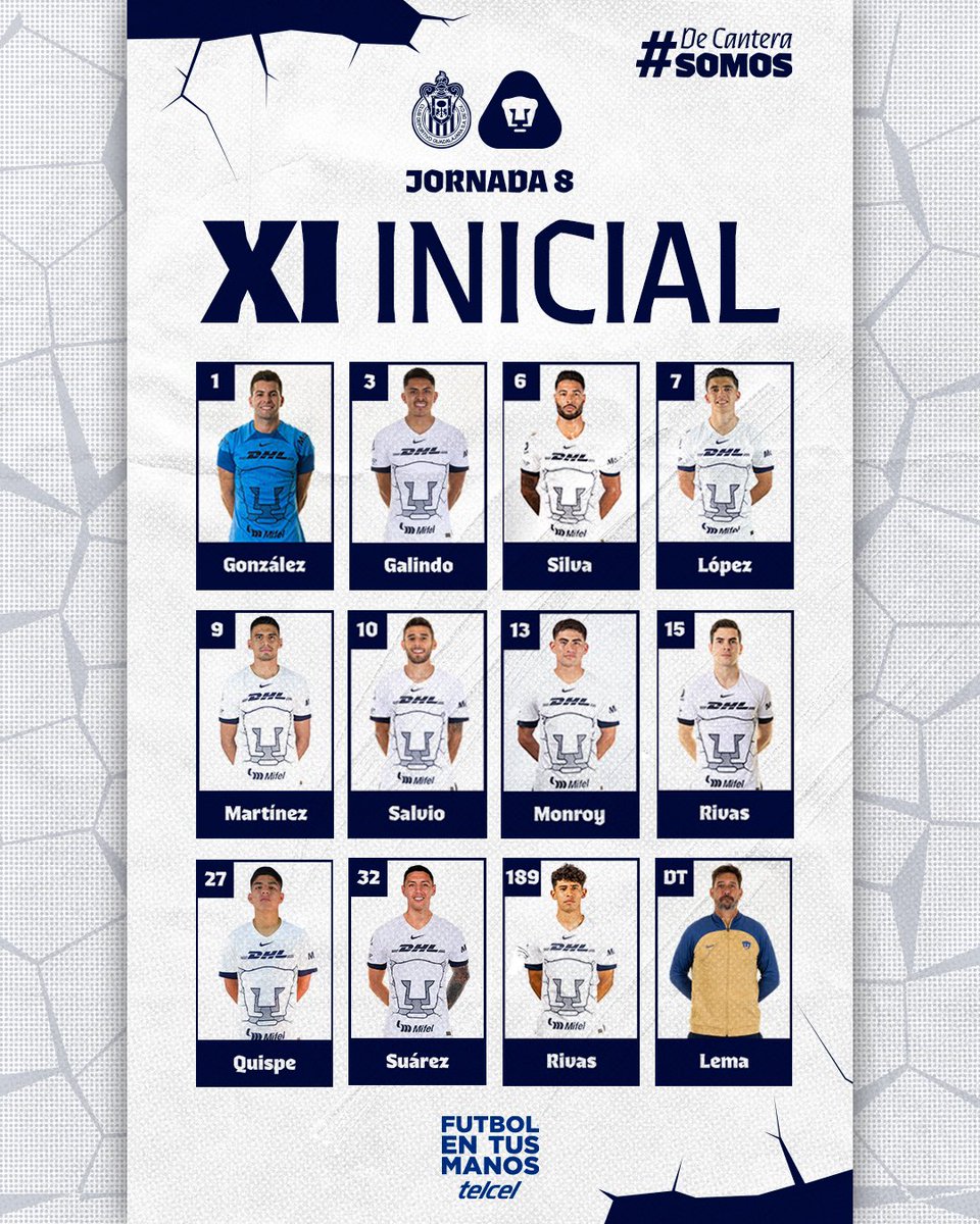 PumasMX's tweet photo. Ellos son los XI Pumas titulares esta tarde. ⚽️🔥

#DePumasSoy #DeCanteraSomos #FutbolEnTusManos @Telcel https://t.co/Ma8xLa4LZC