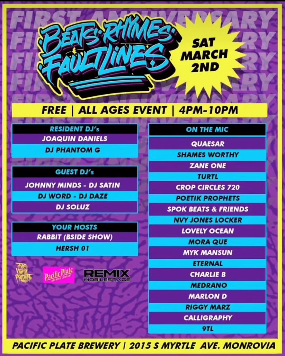 Quaesar πΎπ₯πΈπΈπΈπ« (@quaesar) on Twitter photo NEXT SATURDAY I'LL BE PERFORMING LIVE AT PACIFIC PLATE BREWERY FOR THE FIRST ANNIVERSARY OF BEATS, RHYMES AND FAULTLINES.
<a href="/Pacific_Plate/">PacificPlateBrewing</a> 
β‘β‘β‘β‘β‘
#HIPHOP #UNDERGROUND #LIVE #SHOW #EVENT #PARTY NEXT SATURDAY I'LL BE PERFORMING LIVE AT PACIFIC PLATE BREWERY FOR THE FIRST ANNIVERSARY OF BEATS, RHYMES AND FAULTLINES.
<a href="/Pacific_Plate/">PacificPlateBrewing</a> 
β‘β‘β‘β‘β‘
#HIPHOP #UNDERGROUND #LIVE #SHOW #EVENT #PARTY