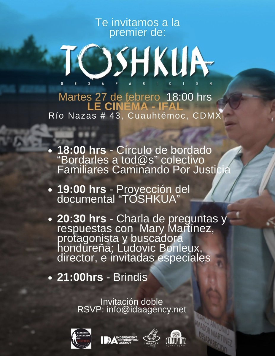 📽️ Proyección Toshkua 🎞️

🎟️✨Les invitamos a que asistan a ver Toshkua, este es un valioso y amoroso documental. No se pierdan la oportunidad de acompañar a las  familias y realizadores de este trabajo. 

Por un cine solidario  y lleno de empatía 🫂👁️