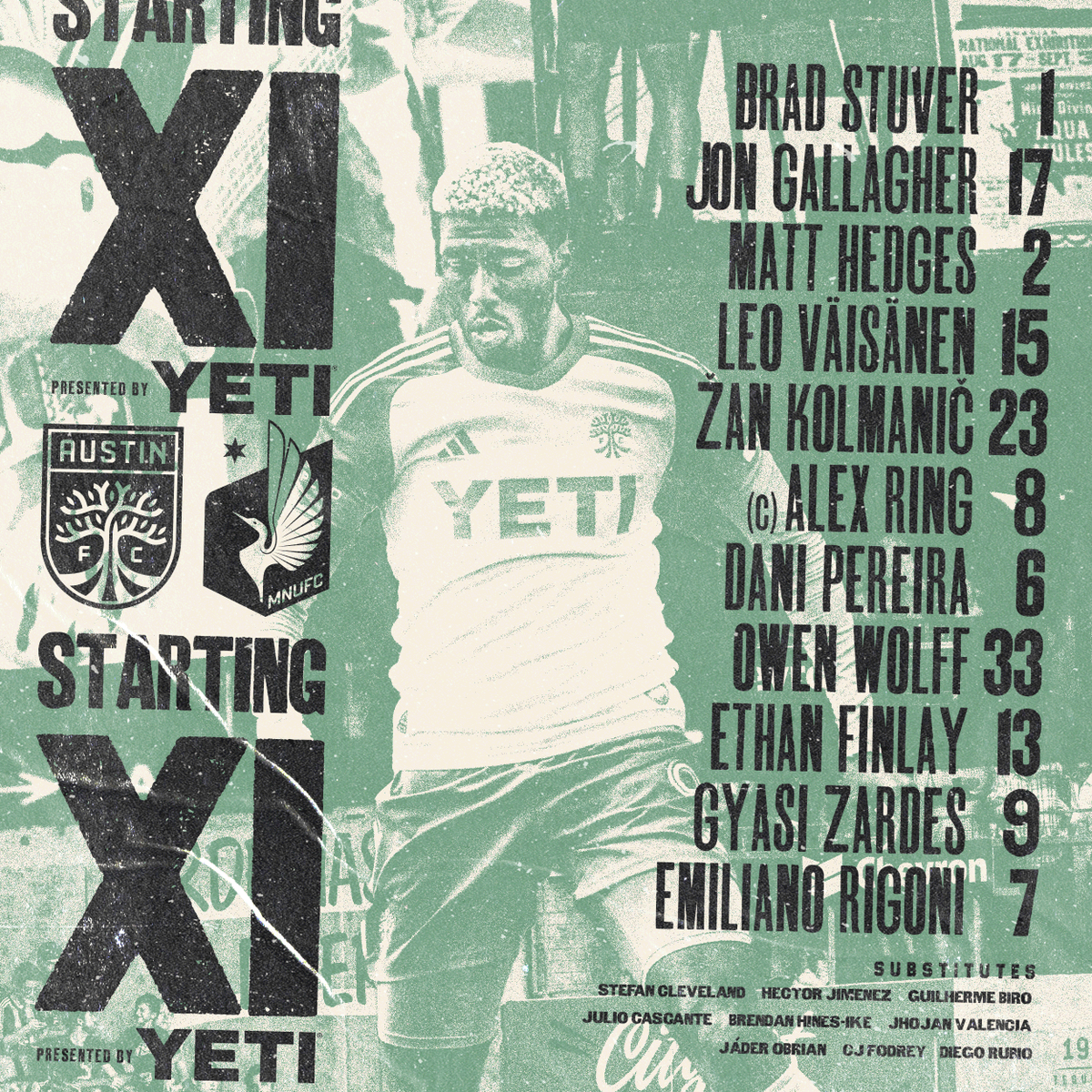 AustinFC's tweet photo. Tonight's Starting XI against Minnesota!

#AustinFC x @YETICoolers https://t.co/O4FVz8iN2V
