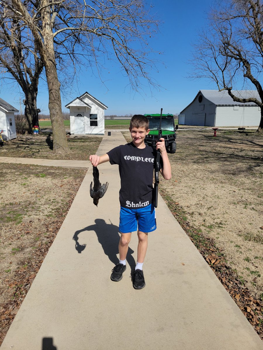 Nate went around the farm taking care of the black bird problem today! 
Kill on the first shot ever with his pellet gun!