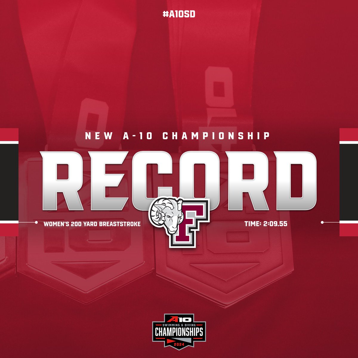 Records are falling on Saturday night!! @FordhamSwimming's Ainhoa Martin sets the #A10SD record in the 200-breaststroke with a 2:09.55 swim!