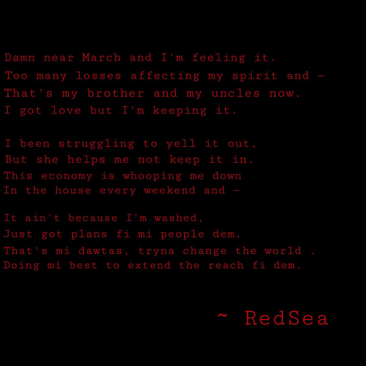 Red__Sea's tweet photo. “Life’s Procession”
Damn near March and I’m feeling it
Too many losses affecting my spirit
#life #procession #love #family #perspective #grief #gettingthroughit #blessings #poet #poetrycommunity #poetry #poetsociety #poetryinmotion #tabernaclefilove #SHE #sharingHisenergy https://t.co/EGXjt5zWnq