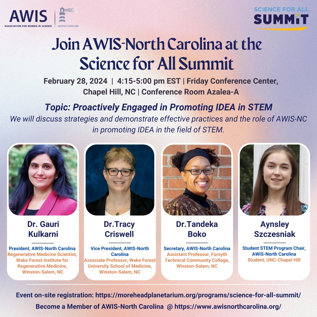 AWISNC's tweet photo. AWIS-NC will be presenting at the Science for All Summit this coming Wednesday, February 28th. We hope you will stop by and discuss ways to promote IDEA in STEM with us!
@moreheadplanet
#AWIS #IDEAinSTEM #ScienceForAll https://t.co/YJ9jXMUULs