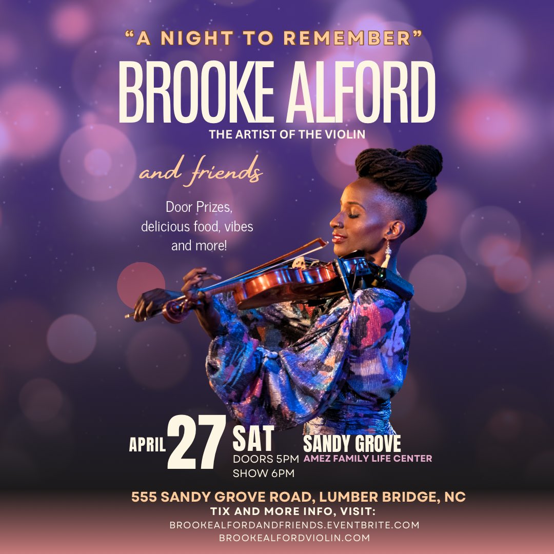 🚨NEW DATE Added to the “New Day Tour”Schedule!🚨See you on April 27th Lumber Bridge, NC! Tix on sale now at: BrookeAlfordAndFriends.Eventbrite.com 📣Go to BrookeAlfordViolin.com for NEW DAY Tour Dates, Booking Info, Join the VIP Email List, and MUSIC!