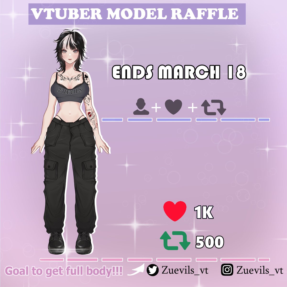 🎁VTUBER MODEL RAFFLE🎁
#RAFFLE #SORTEO 
I will draw your character as a vtuber model, you are guaranteed to get it in half body but to get it in full body you have to reach the set goal! 👻

ENDS ON MARCH 18, 2024

Rules: 
🎀 Follow me 
🎀 Like post
🎀 Retweet post