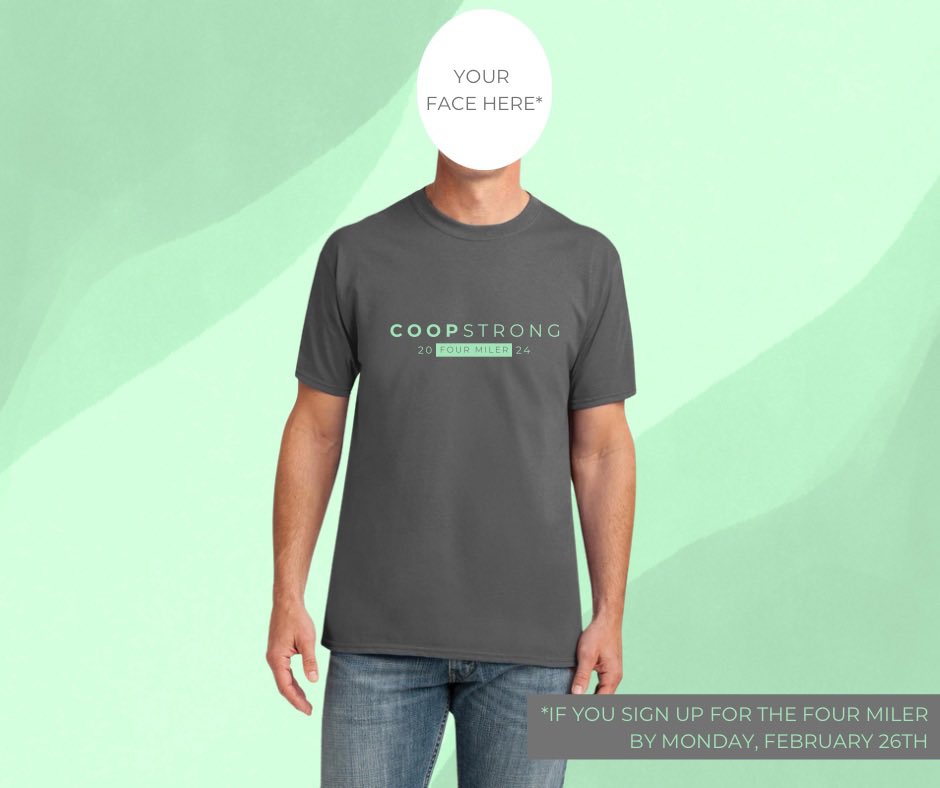 Sign up for the Four Miler by Monday to make sure you get a t-shirt!

We can’t believe we’re only 3 weeks away!! 😯

Register at Runsignup.com/coopstrong