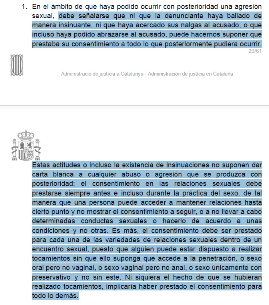 Esta parte de la sentencia a DaniAlves debería estar en el currículum🚸

el consentimiento debe ser prestado para cada una de las variedades de relaciones sexuales dentro de 1 encuentro sexual puesto que alguien puede estar dispuesto a tocamientos sin que ello suponga penetración