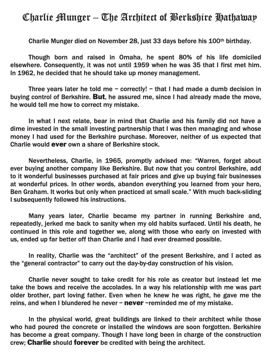 earningskr's tweet image. ✉️ 밤늦게 나온 버크셔 해서웨이의 주주서한 첫장에 워렌버핏이 최근 세상을 떠난 찰리 멍거에 대한 짧은 글을 남겼습니다. 그 가운데 그들의 우정을 엿볼수 있는 대목을 한글로 옮겨봤습니다.

"실제로는 찰리가 버크셔의 '설계자'였고, 저는 그의 비전을 매일 현실로 구현하는 '시공자'였습니다.…