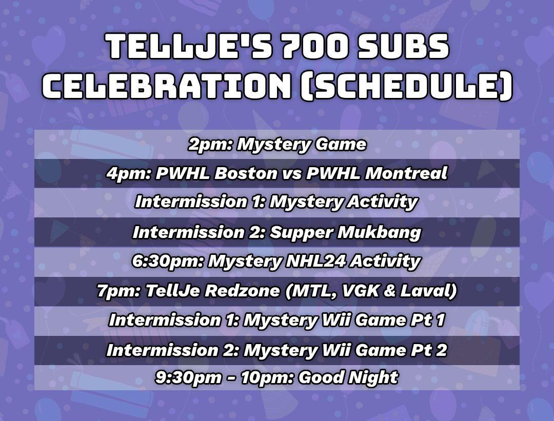 TellJeStudios's tweet photo. Here's the schedule for the 700 Subs Celebration Extravaganza on Saturday, March 2nd at 2pm. As the week passes by I will be unveiling the mystery activities/games I will be playing. One will be left as a surprise for when the stream happens. #Youtube #Milestone #stream #700subs https://t.co/SPknurNE9D