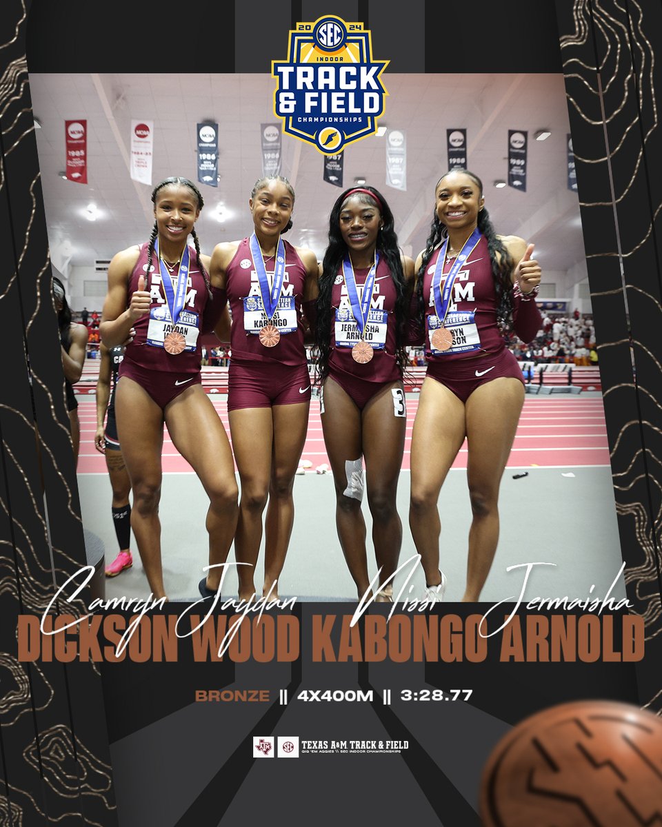 Final medal for the women's team, courtesy of the 4x400m relay squad ‼️ 

Camryn Dickson, Jaydan Wood, Nissi Kabongo and Jermaisha Arnold get it done in 3:28.77 which is No. 6 on the A&amp;M all-time performers list 🤩

#GigEm // #AggieTF // 📊 aggi.es/3ULiYNW