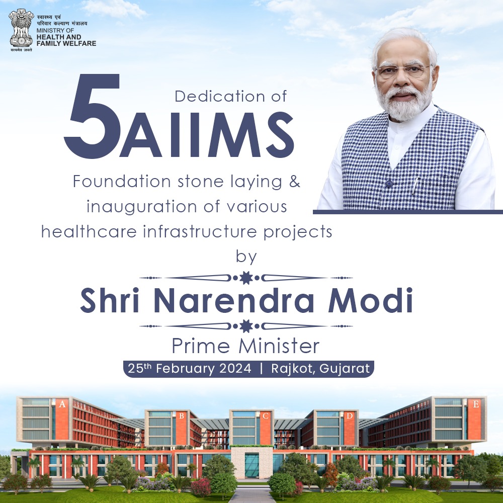 Fulfilling the promise of #HealthForAll, Prime Minister Shri @narendramodi will dedicate to the nation 5 AIIMS, lay the foundation stone & inaugurate more than 200 healthcare projects worth Rs 11,500+ crores today from Rajkot, Gujarat. A monumental step towards a Swastha