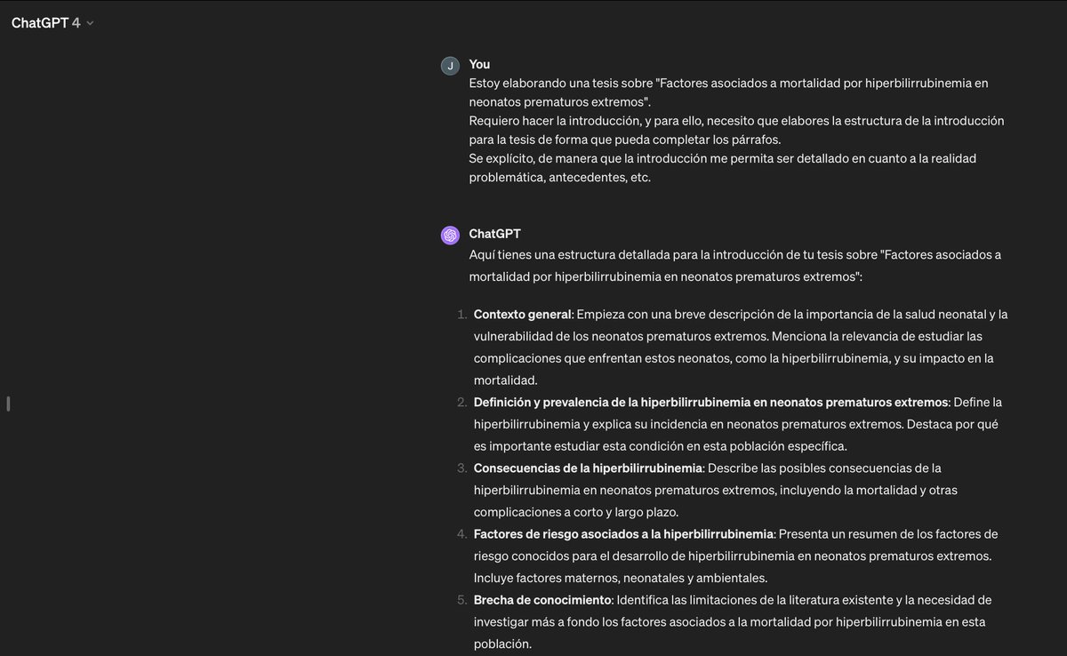 Herramientas de inteligencia artificial para la redacción de artículos científicos/tesis
Pros, Contras y Precauciones:

1. CHATGPT (chat.openai.com)
✅ Útil si deseas consultar cómo estructurar alguna sección de tu manuscrito. 
❌ NUNCA pedir que haga el texto entero, da