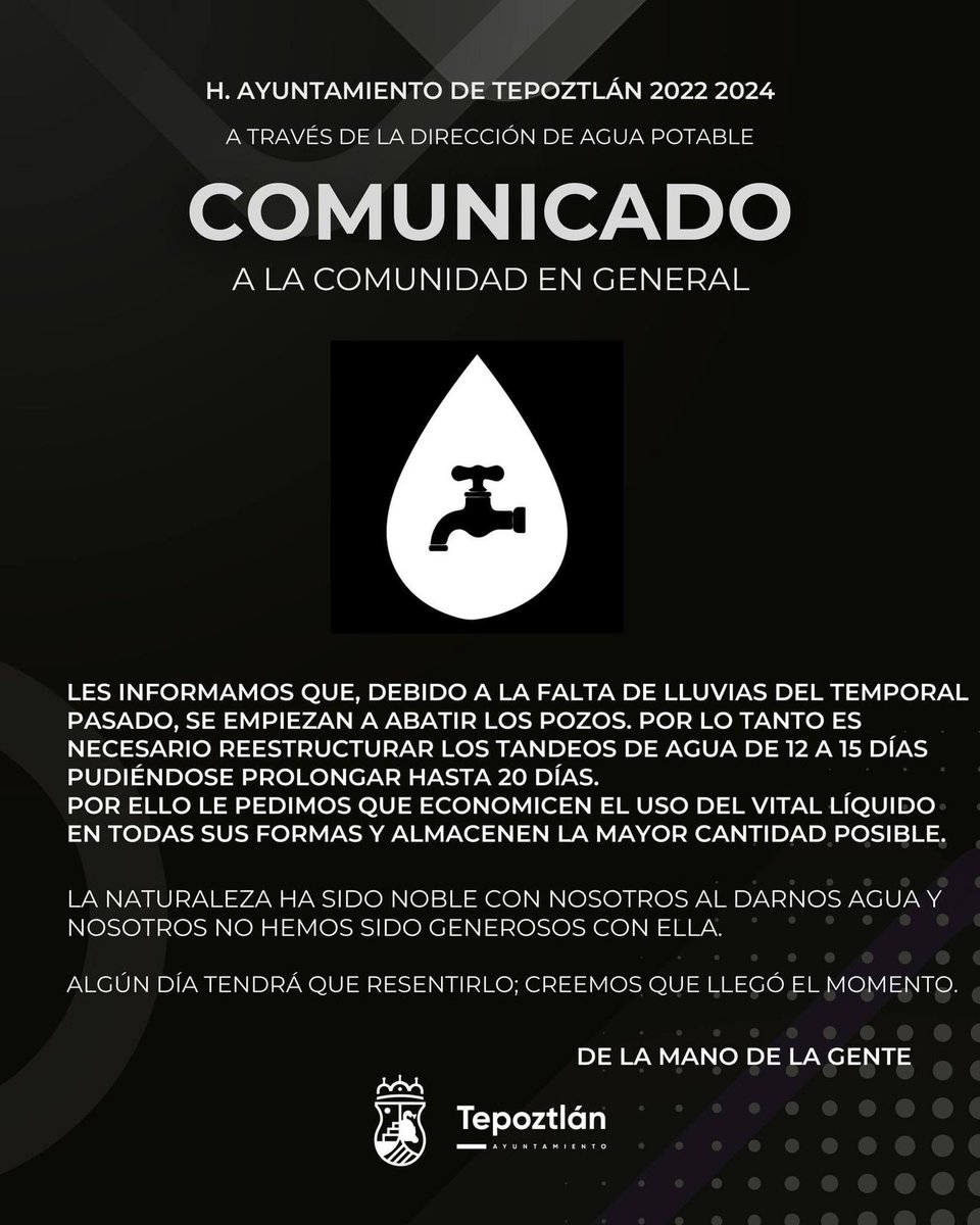 🚰📉 ¡Importante! En Tepoztlán, se reducirán los tandeos en las colonias debido al bajo nivel de agua en los pozos, ocasionado por las escasas lluvias del año pasado. Esta situación se mantendrá de 12 a 15 días, pudiendo extenderse hasta 20 en el denominado pueblo mágico. 🌧️💧