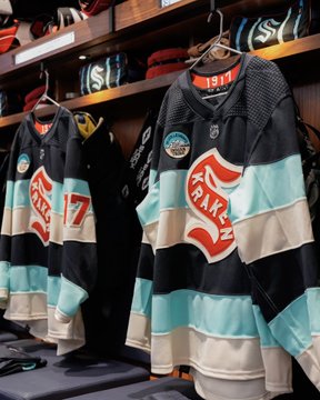 Kraken Winter Classic jerseys hanging in locker room