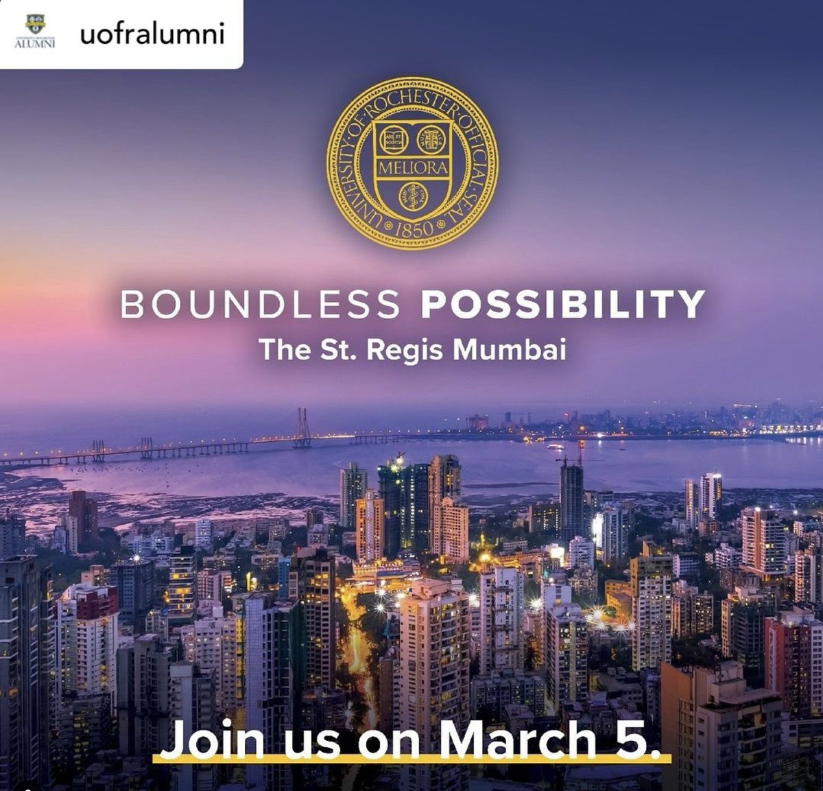 UofRGlobal's tweet image. 📢 Delhi and Mumbai alumni, families &amp;amp; friends! Join Yellowjackets and Univ. leadership to learn about @UofR' s new vision positioning us as global leaders in #highereducation, research, and healthcare.  

uofr.us/BoundlessDelhi 
uofr.us/BoundlessMumbai 

#BeBoundless #Meliora