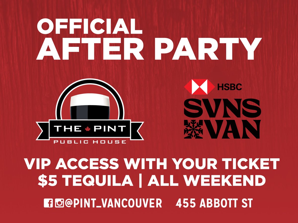 The Pint Vancouver is The Official After Party of HSBC Vancouver Sevens ALL WEEKEND LONG! 🍺 🎉 Drink deals and VIP access with your ticket at 455 Abbott St. We will see you there! 🤩 @pint_vancouver #HSBCSVNS | #HSBCVANSVNS