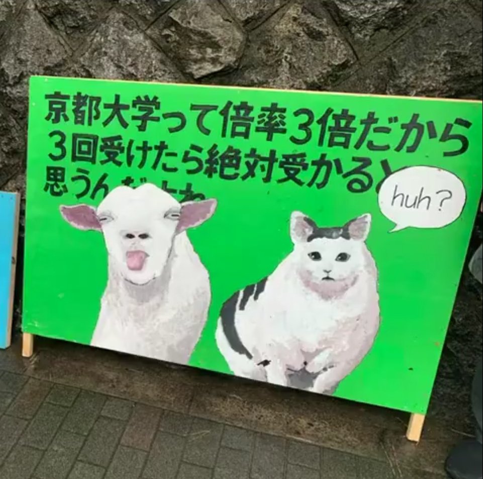 個人的に一番面白いのがこれ。
元ネタを子どもがよく観ている。

#京都大学
#タテカン