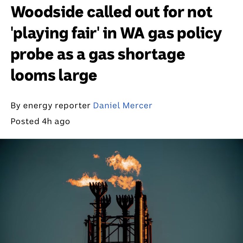 Fossil fuel co @WoodsideEnergy is under fire in West Australia. “A State Parliamentary committee .. this week effectively singled out Woodside as the biggest contributor to a growing gas shortage affecting the local market” Woodside is also Australia’s biggest climate threat